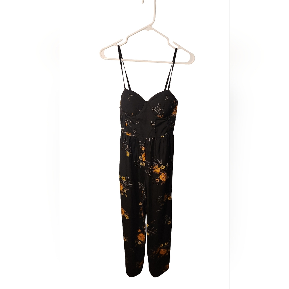 Band of Gypsies Black Floral Sweetheart Corset Wide Leg Jumpsuit Boho Maxi Sz XS - Picture 2 of 8